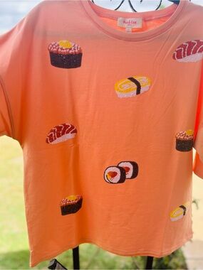 Peach Love California Coral Sushi Embroidered Short Sleeve Tee
